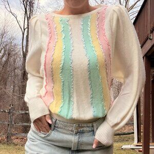 Vintage 80s Kitty Hawk Pastel Ruffle Puff Sleeve Sweater